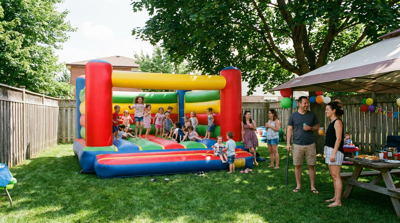 Kids enjoying inflatable at backyard party