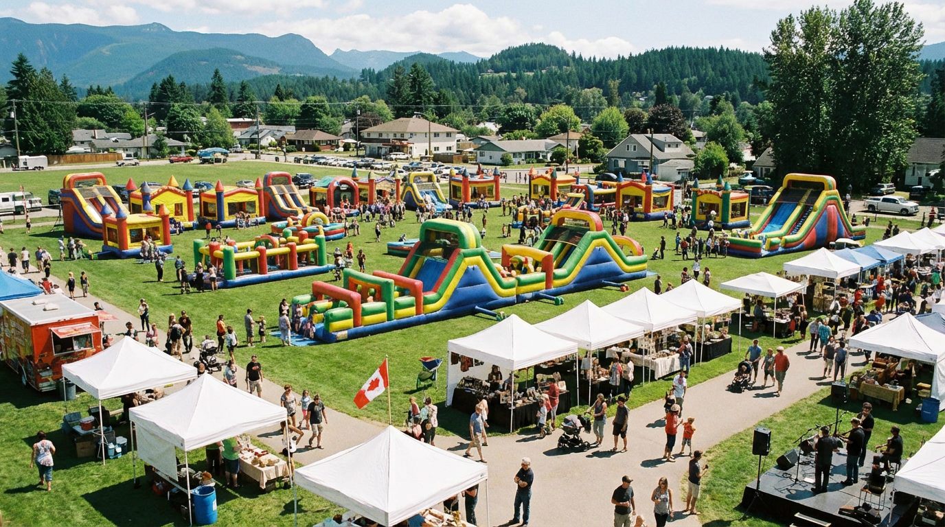 Large community event with multiple inflatables