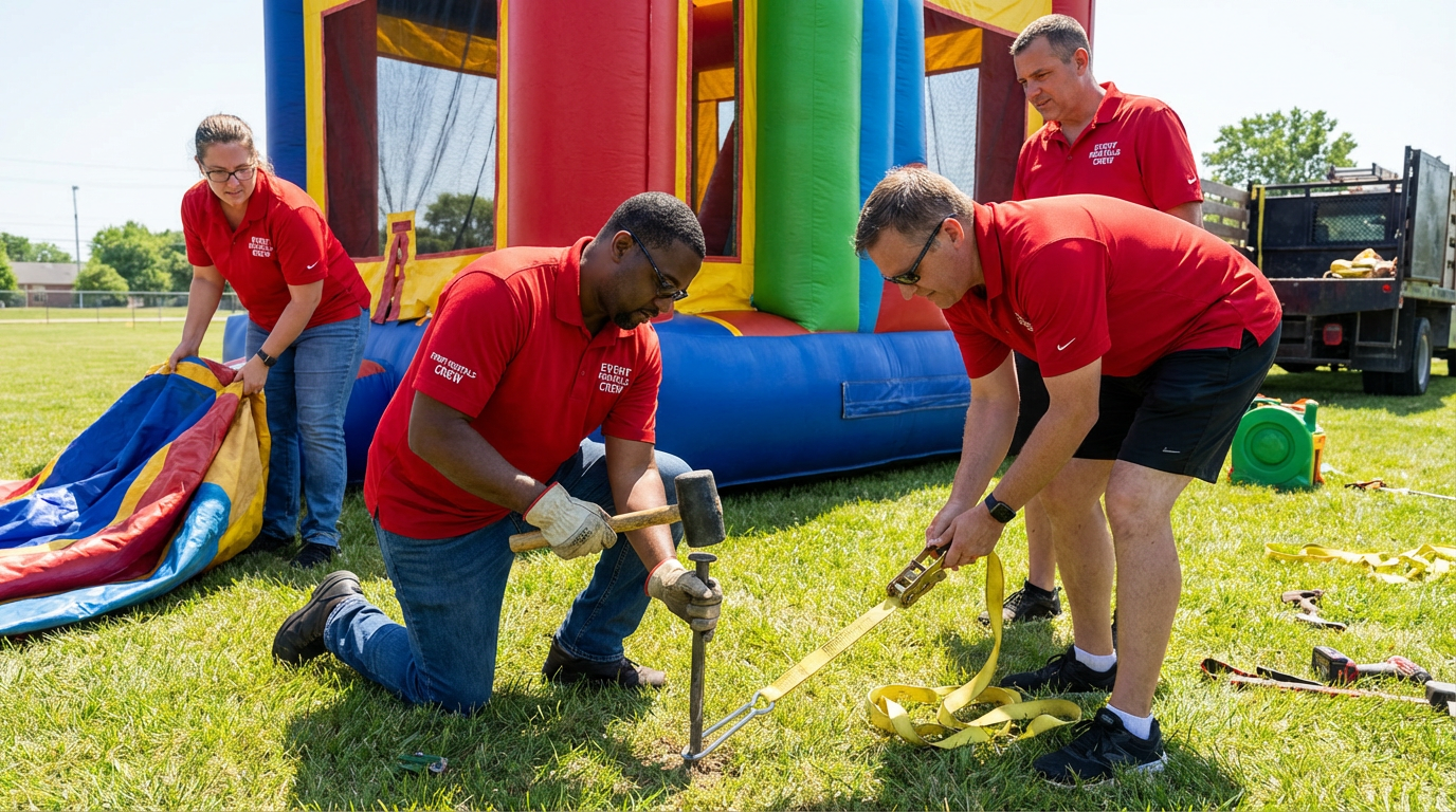 Professional setup crew anchoring inflatable
